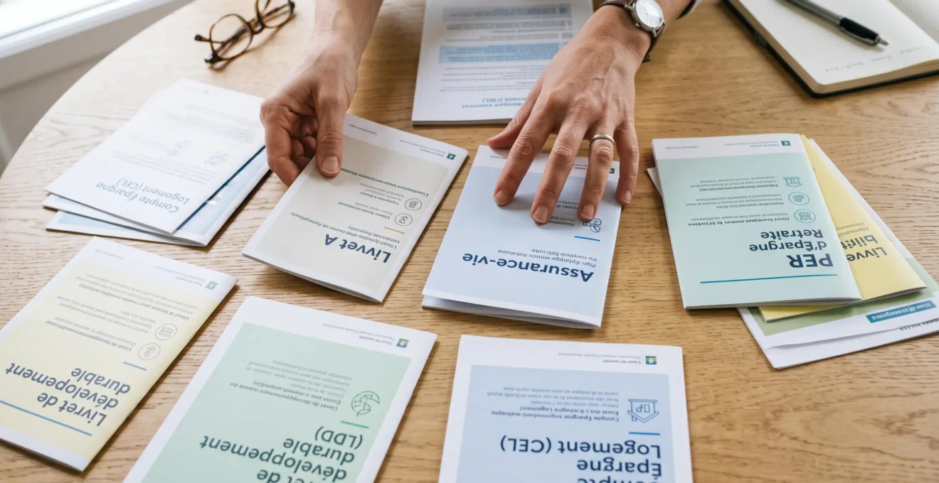 Comparaison de différents supports d'épargne français incluant Livret A, assurance-vie et Plan d'Épargne Retraite sur une table