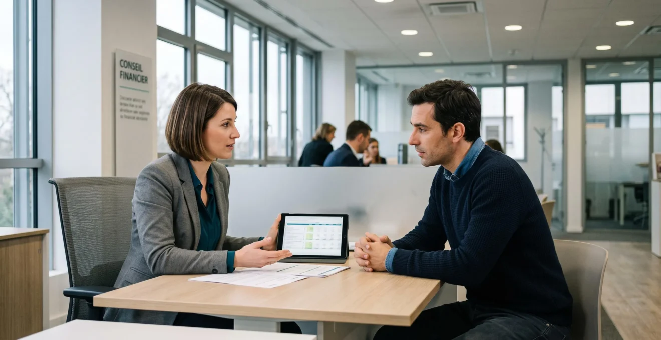 Client consultant un conseiller bancaire dans une agence moderne pour discuter de réaffectation d'épargne après la fin d'un crédit