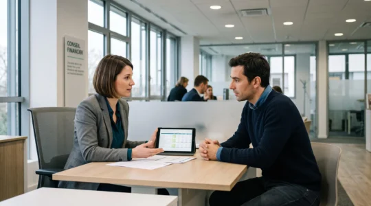 Client consultant un conseiller bancaire dans une agence moderne pour discuter de réaffectation d'épargne après la fin d'un crédit